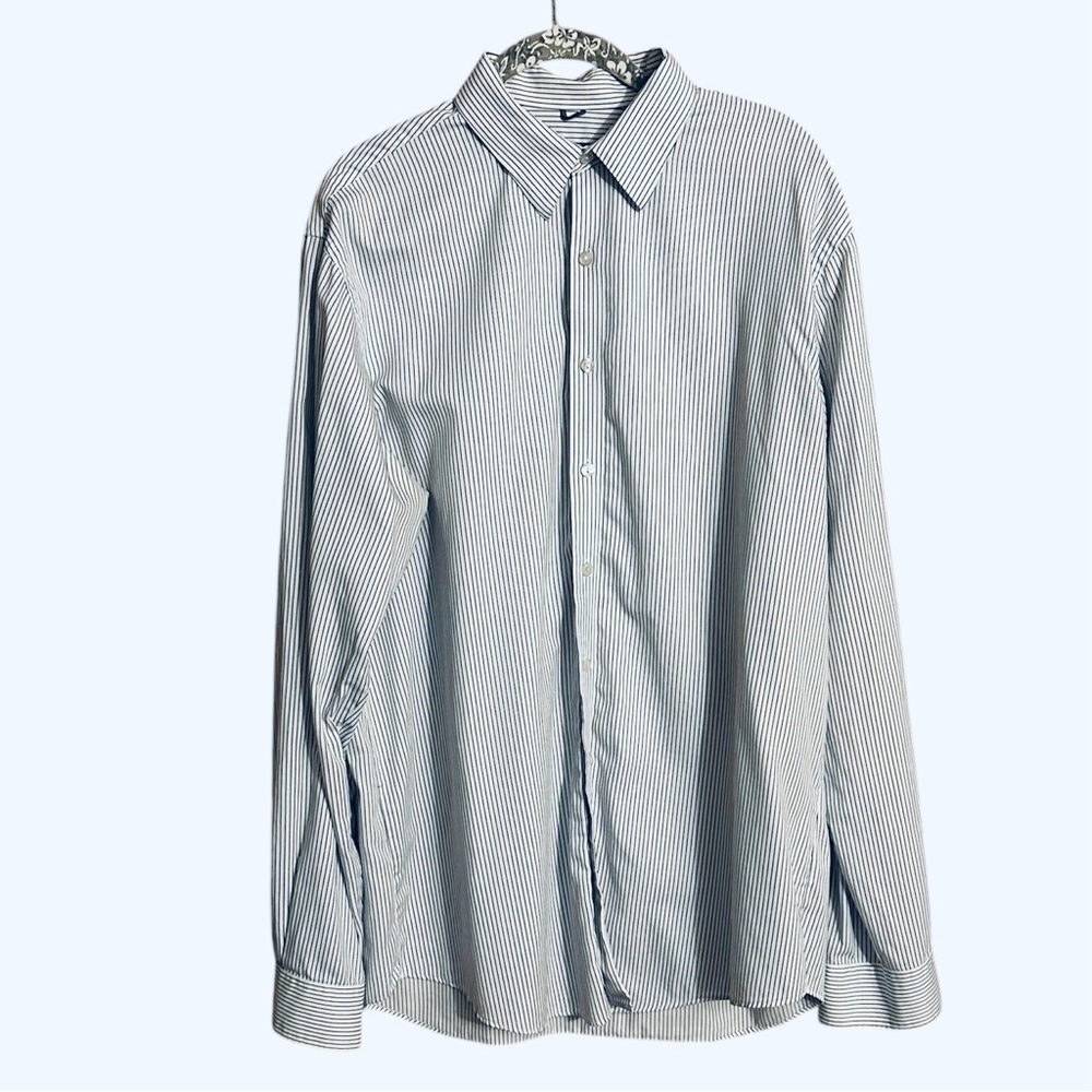 Kenneth Cole Blue and White Striped Casual Button Down Shirt Relaxed Fit Large